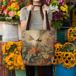  botanische scène van kolibriden en bloemen tote bag