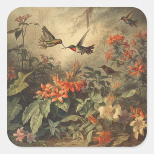 botanische scène van kolibriden en bloemen vierkante sticker