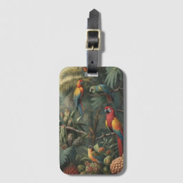 Botanische scène van papegaaien en ananassen bagagelabel