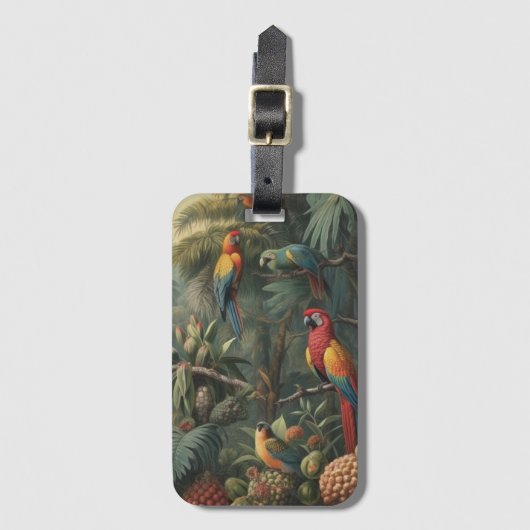 Botanische scène van papegaaien en ananassen bagagelabel (Voorkant (verticaal))