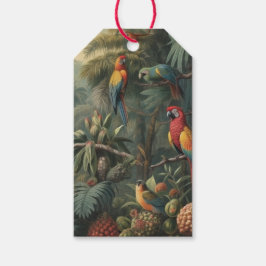 Botanische scène van papegaaien en ananassen cadeaulabel