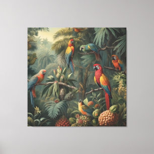 Botanische scène van papegaaien en ananassen canvas afdruk