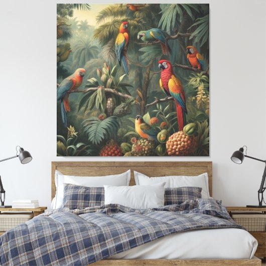 Botanische scène van papegaaien en ananassen canvas afdruk (Insitu (Slaapkamer))