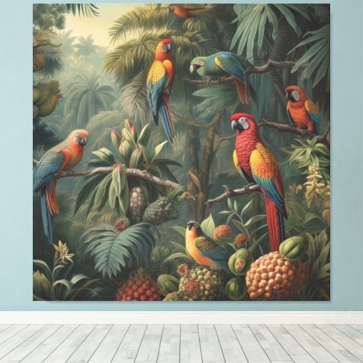 Botanische scène van papegaaien en ananassen canvas afdruk (Insitu (Houten vloer))