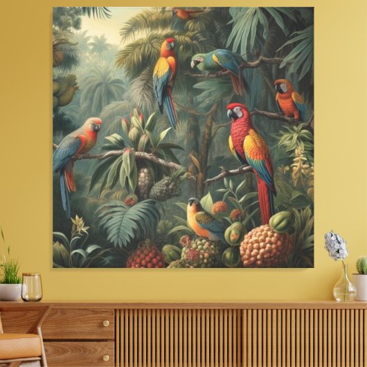 Botanische scène van papegaaien en ananassen canvas afdruk (Insitu (Woonkamer))