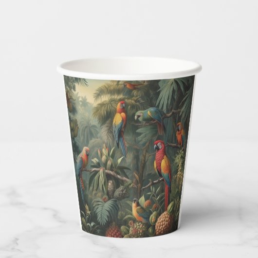 Botanische scène van papegaaien en ananassen papieren bekers (Achterkant)