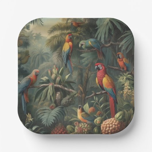 Botanische scène van papegaaien en ananassen papieren bordje (Voorkant)