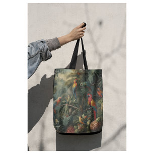 Botanische scène van papegaaien en ananassen tote bag