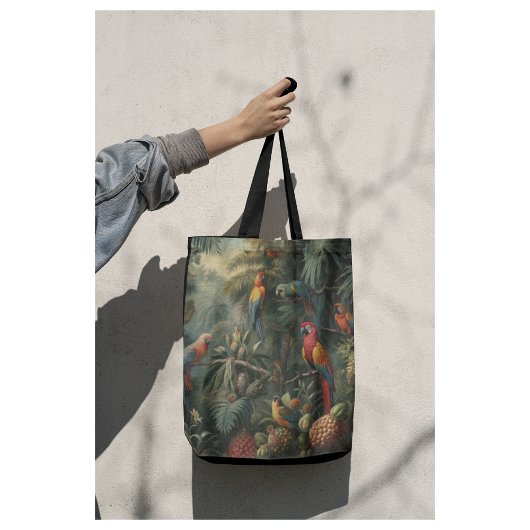Botanische scène van papegaaien en ananassen tote bag