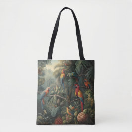 Botanische scène van papegaaien en ananassen tote bag