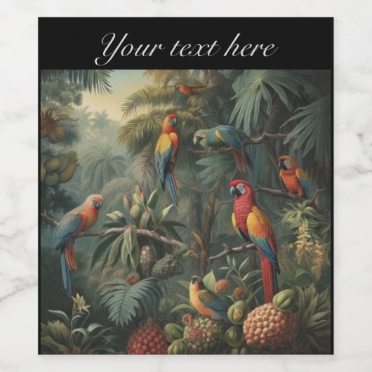 Botanische scène van papegaaien en ananassen wijn etiket (Enkel label)