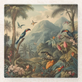  botanische scène van papegaaien en bloemen glazen onderzetter