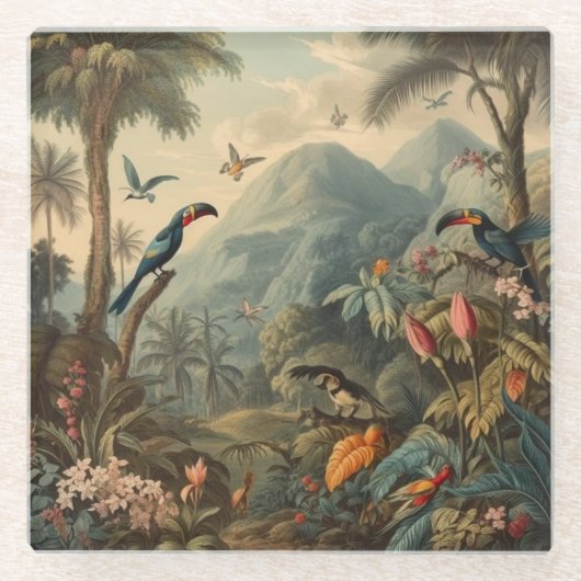  botanische scène van papegaaien en bloemen glazen onderzetter (Voorkant)