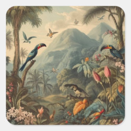 botanische scène van papegaaien en bloemen vierkante sticker