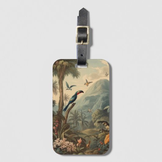  botanische scène van Toucans en Flowers Bagagelabel (Voorkant (verticaal))