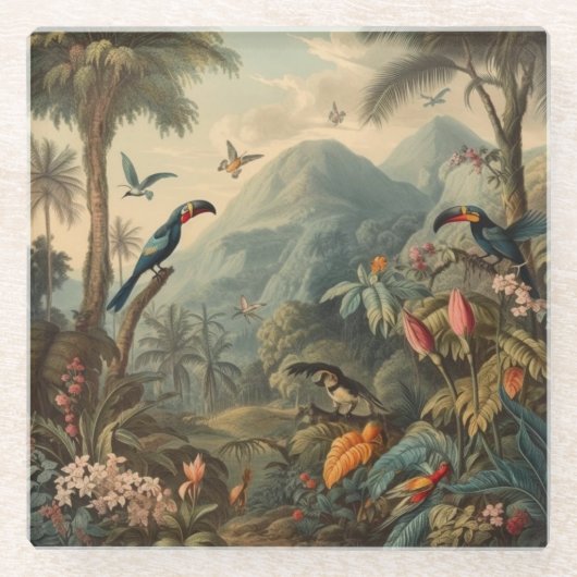  botanische scène van Toucans en Flowers Glazen Onderzetter (Voorkant)