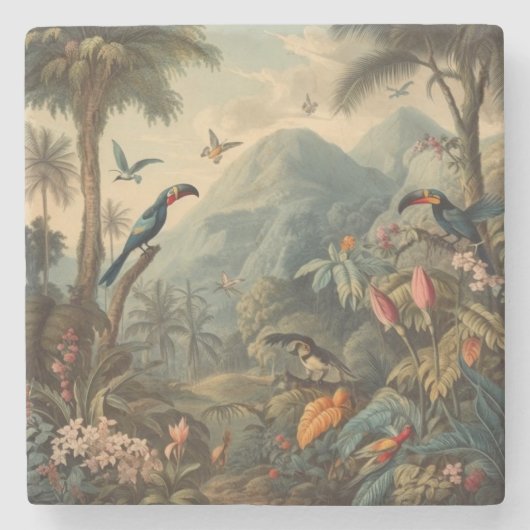  botanische scène van Toucans en Flowers Stenen Onderzetter (Voorkant)