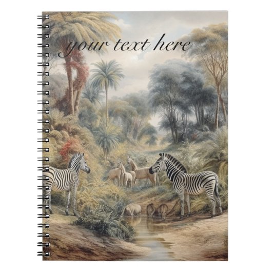 Botanische scène van zebra's en leeuwen aanpasbaar notitieboek (Voorkant)
