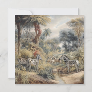 Botanische scène van zebra's en leeuwen in een oas