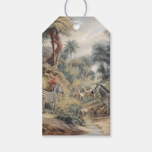 Botanische scène van zebra's en leeuwen in een oas cadeaulabel (Voorkant)