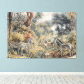 Botanische scène van zebra's en leeuwen in een oas canvas afdruk (Insitu (Houten vloer))