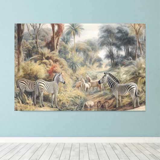 Botanische scène van zebra's en leeuwen in een oas canvas afdruk (Insitu (Houten vloer))