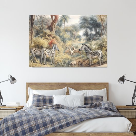 Botanische scène van zebra's en leeuwen in een oas canvas afdruk (Insitu (Slaapkamer))