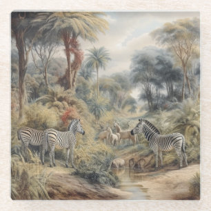 Botanische scène van zebra's en leeuwen in een oas glazen onderzetter