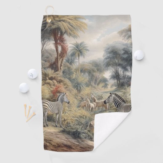 Botanische scène van zebra's en leeuwen in een oas golfhanddoek (Insitu)