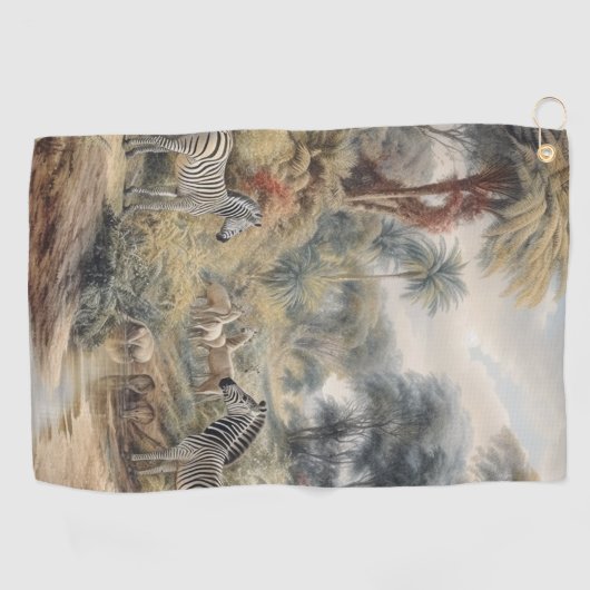 Botanische scène van zebra's en leeuwen in een oas golfhanddoek (Horizontaal)