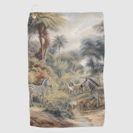 Botanische scène van zebra's en leeuwen in een oas golfhanddoek