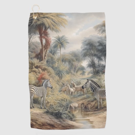 Botanische scène van zebra's en leeuwen in een oas golfhanddoek (Voorkant)
