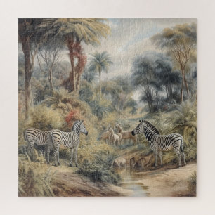 Botanische scène van zebra's en leeuwen in een oas legpuzzel