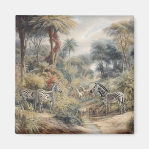Botanische scène van zebra's en leeuwen in een oas magneet