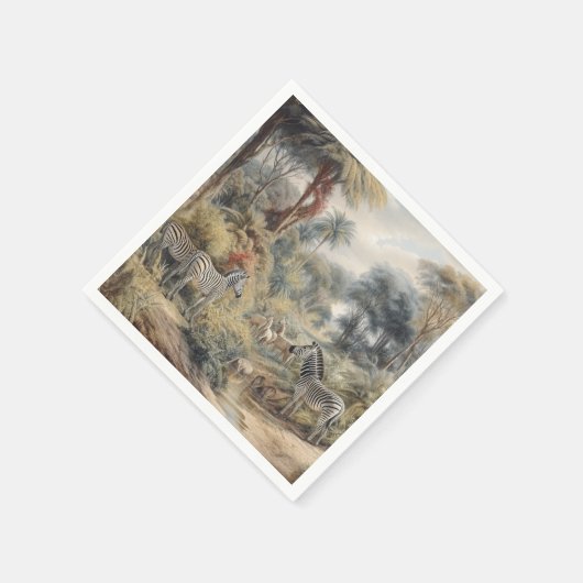 Botanische scène van zebra's en leeuwen in een oas servet (Hoek)