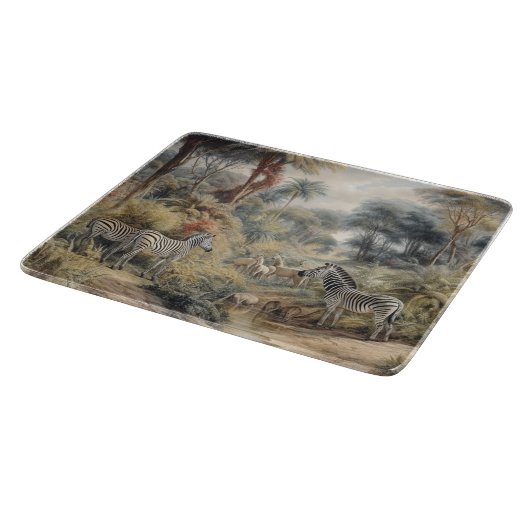 Botanische scène van zebra's en leeuwen in een oas snijplank (Hoek)