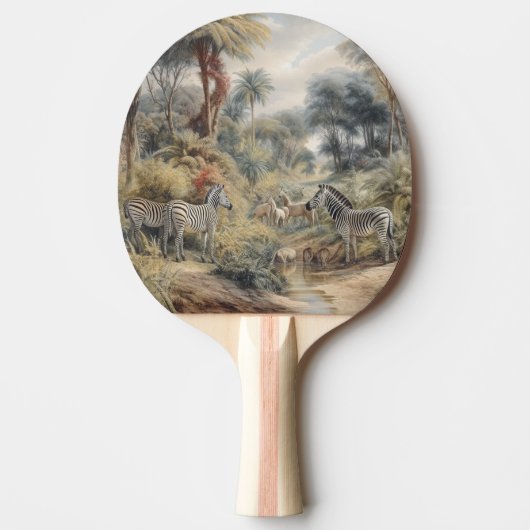 Botanische scène van zebra's en leeuwen in een oas tafeltennisbatje (Voorkant)