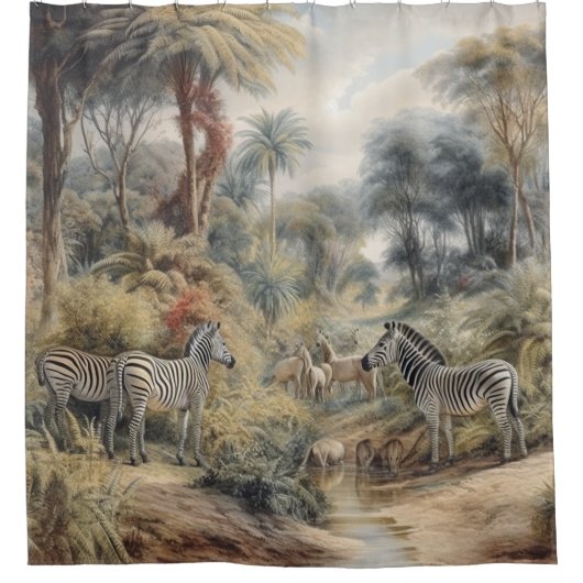 Botanische scène van zebra's in een oase douchegordijn (Voorkant)