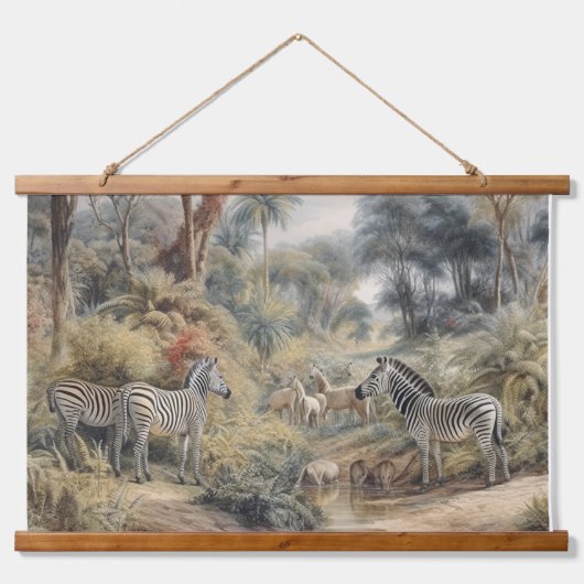 Botanische scène van zebra's in een oase hangend wandkleed (Voorkant)