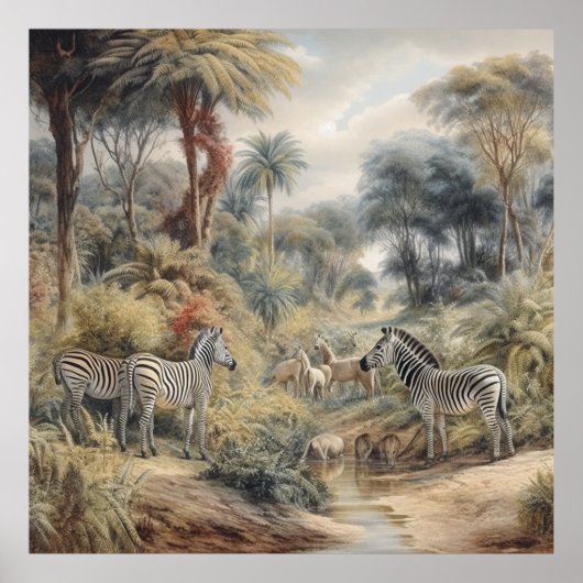 Botanische scène van zebra's in een oase poster (Voorkant)
