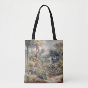 Botanische scène van zebra's in een oase tote bag