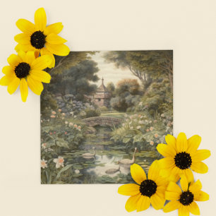 Botanische scène van zwanen in een Engelse tuin Feestdagenkaart