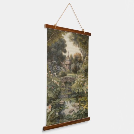 Botanische scène van zwanen in een Engelse tuin Hangend Wandkleed (Gebogen)