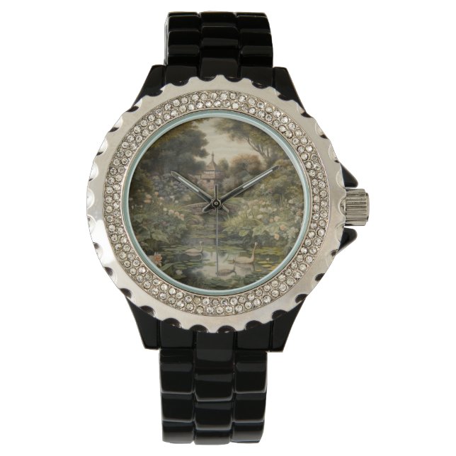 Botanische scène van zwanen in een Engelse tuin Horloge (Voorkant)