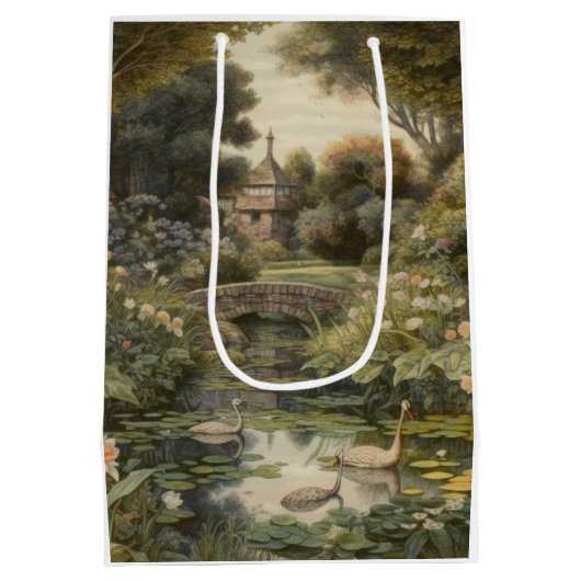 Botanische scène van zwanen in een Engelse tuin Medium Cadeauzakje (Achterkant)