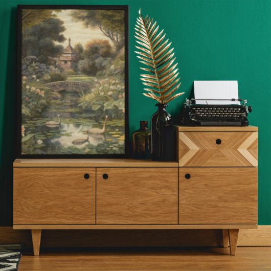 Botanische scène van zwanen in een Engelse tuin Poster