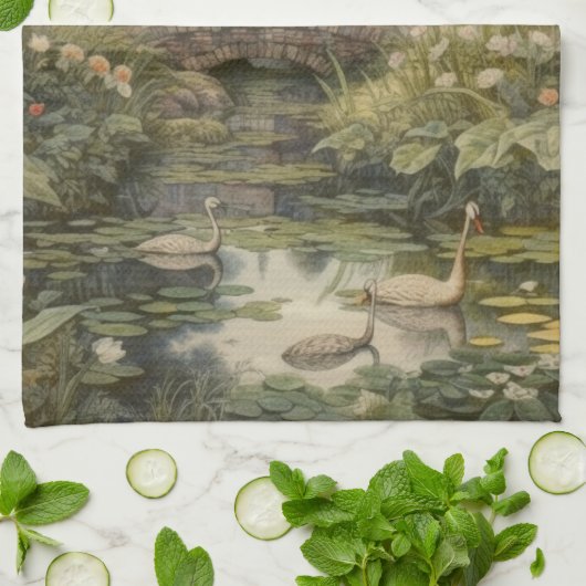 Botanische scène van zwanen in een Engelse tuin Theedoek (Gevouwen)