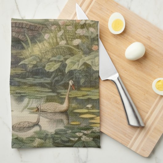 Botanische scène van zwanen in een Engelse tuin Theedoek (Quarter Fold)