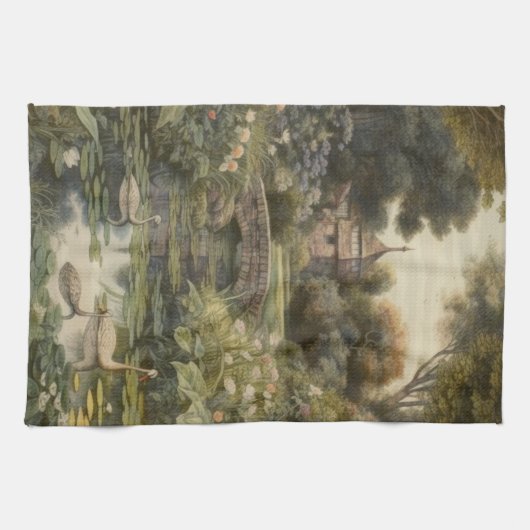 Botanische scène van zwanen in een Engelse tuin Theedoek (Horizontaal)