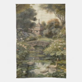 Botanische scène van zwanen in een Engelse tuin Theedoek